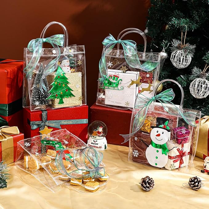 Henoyso 24 Pcs Christmas Clear Gift Bags Plastic Candy Treat Goodie Bags Red Foil Santa PVC Wrap Totes with Handles and Ribbon Xmas Party Favors (Green Christmas,7.8 x 7.8 x 3.1 Inch)