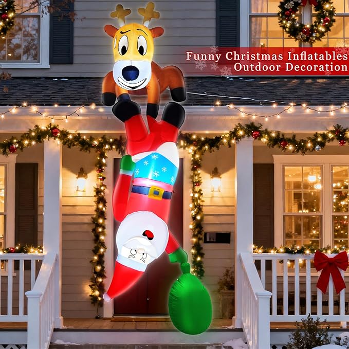 TURNMEON 8 Ft Christmas Inflatable Reindeer & Climbing Santa Claus, Funny Hanging Outdoor Decoration with Built-in LED Light for Yard & Indoor Garden Lawn Party