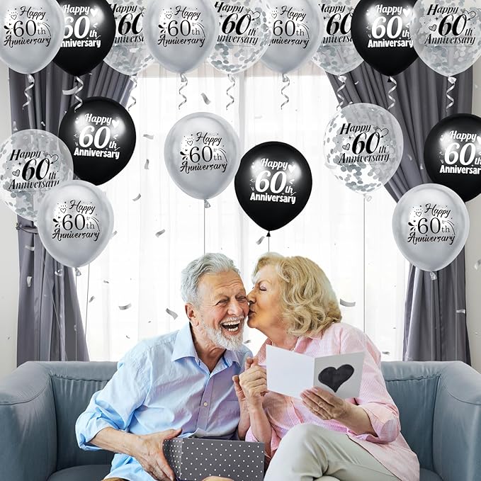 60th Anniversary Balloons 18Pcs Black Silver 60th Anniversary Party Decorations for Women Men Black Silver 12Inch Happy 60 Latex Confetti Balloons for Indoor Outdoor Party Supplies