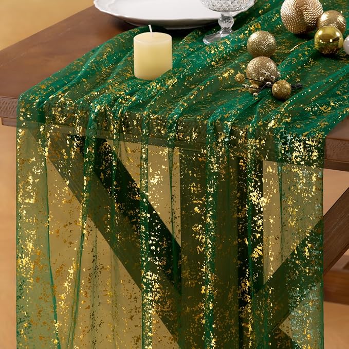 Socomi Christmas Table Runner Gold Gauze Sheer Chiffon Cheesecloth Sequin 10FT Glitter Metallic Foil Dining Wedding Birthday Party Anniversary Holiday Centerpiece Table Decor Emerald Green