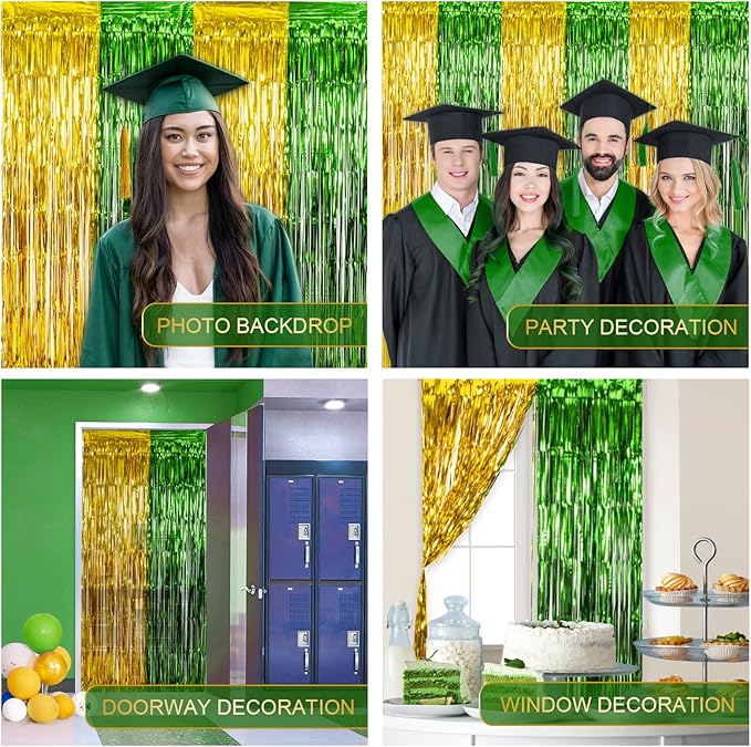 LOLStar Graduation Party Decoration, 4 Pack Green and Gold 3.3x6.6 ft Foil Fringe Curtains, Tinsel Backdrop, Graduation Photo Booth Prop Streamer Backdrop for Class of 2026, Prom and Grad Party Decor