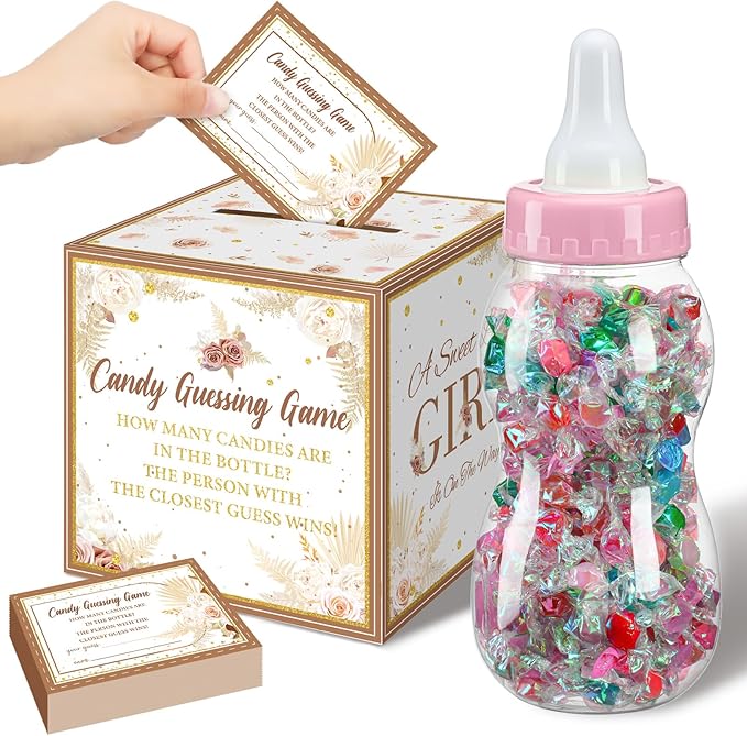 Glenmal 52 Pcs Baby Shower Games Gift Sets Large Baby Bottle for Shower Game Guess How Many Candies Decorations for Gender Reveal(Boho Pampas Grass)