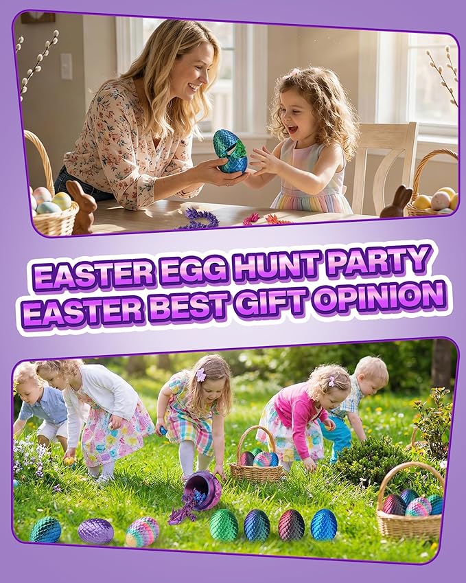 24PACK 3D Printed Dragon Eggs, Easter Basket Stuffers for Children and Teens, Unique Easter Toys & Gifts for Boys, Mini Articulated Dragon Game Toys for Kids.