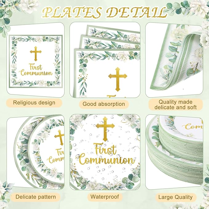 Pickmesh 250 Pcs Green First Holy Communion Disposable Tableware Set God Bless Baptism Disposable Paper Plates Napkins and Cups for Christening Celebration Baby Shower Religious Supplies Serve 50