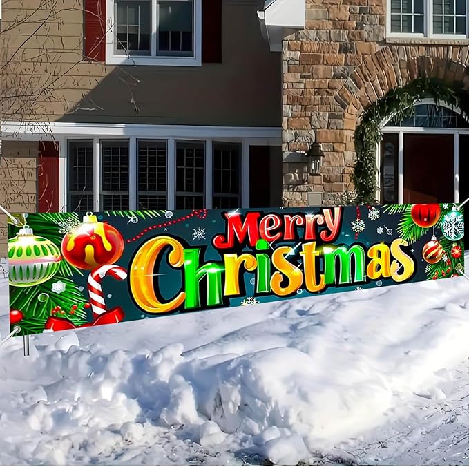 Merry Christmas Decorations Banner 118x20 Inch Polyester Fabric Ornaments Tree Branches Holly Design for Indoor Outdoor Garden Fence Banner Outdoor Porch sign Party Supplies