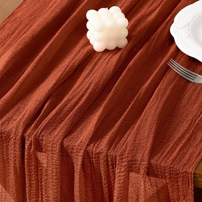 Socomi 3pcs Terracotta Cheesecloth Table Runner Easter Spring Gauze 120 Inch Rustic Boho Cheese Cloth Runner for Wedding Party Baby Bridal Shower Centerpiece Decoration