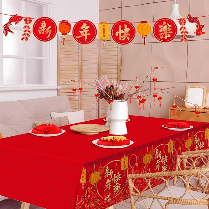 Gatherfun Chinese New Year Party Supplies Set: Lunar New Year Party Decorations with 2 Pack of 54X108inch Plastic Tablecloths - for Decorations