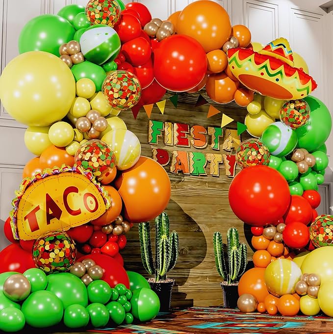 ALL-IN-1 Mexican Balloons Arch Kit & Garland with BONUS Taco Small and Large Red Yellow Orange Green Fiesta Balloons Mexican Party decorations & supplies for birthday, Cinco De Mayo