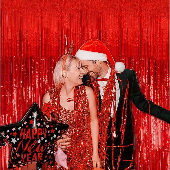 20 Pack Foil Curtain Backdrop Red Metallic Tinsel Foil Fringe Curtains Photo Booth Props for Birthday Wedding Engagement Baby Shower Bachelorette Christmas Holiday Celebration Party Decorations