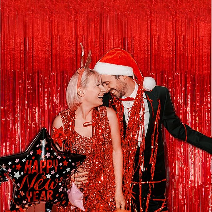 5 Pack Red Streamers Party Backdrop Christmas Decorations Foil Fringe Backdrop Curtains Carnival Casino Theme Birthday New Year Holiday Celebration Bachelorette Party Decorations Supplies