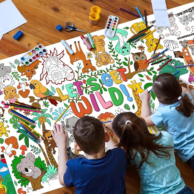 Safari Jungle Party Coloring Poster, 31.5x72" - Ideal as Safari Birthday Decorations, Kids' Coloring Table Cloth, Jungle Tablecloth for School Party & Special Events