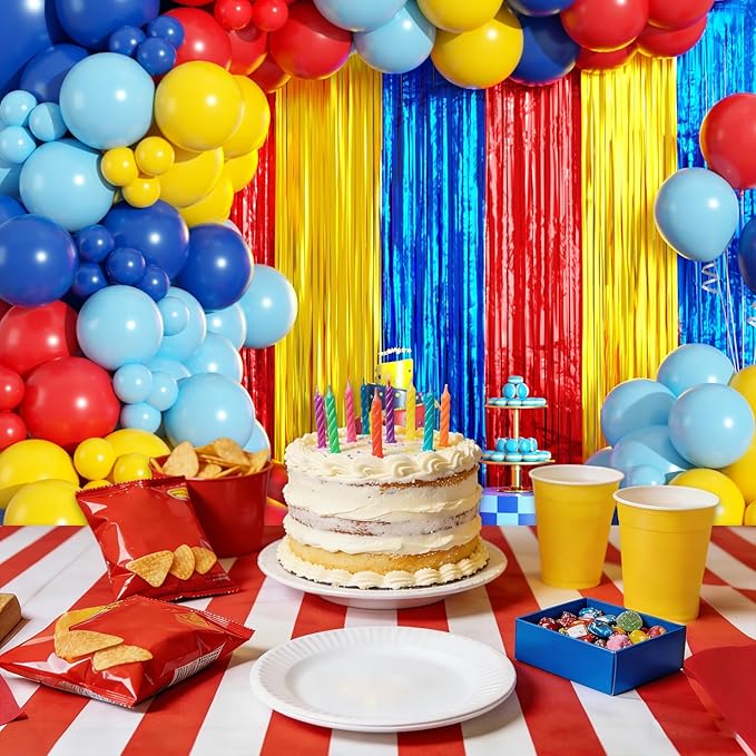 Red Blue Yellow Balloon Arch Garland Kit Birthday Party Decorations, Video Game Foil Fringe Backdrop Tinsel Streamers Banner Photo Booth Props Cartoon Theme Carnival Circus Hero Party Decor Supplies