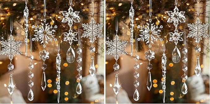 18pcs Crystal Christmas Ornaments for Tree Decorations-Hanging Acrylic Snowflake Icicle Ornaments with Drop Pendants for Winter Wonderland Chandelier Crystals Decorations Supplies (Pack of 2)