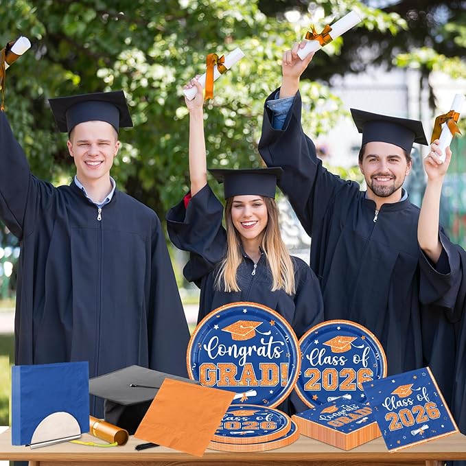Orange and Blue Graduation Decorations, 200pcs Orange Graduation Plates and Napkins Class of 2026 Plates for Graduation Party Supplies,Serve 50