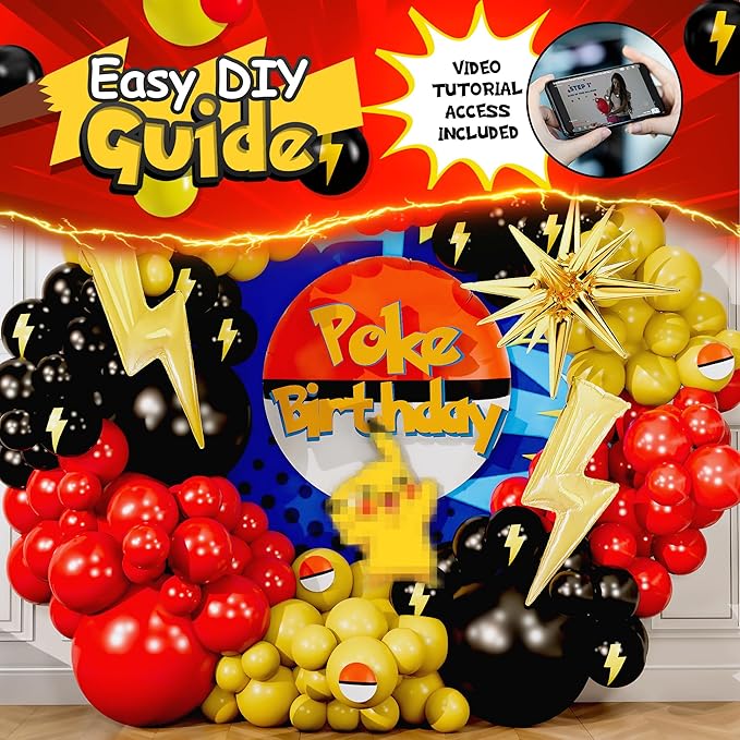 ALL-IN-1 Cartoon Balloon Arch Kit with BONUS Thunder & Starburst Balloons for Poke Birthday Decorations - Red Black Yellow Balloons for Poke Cartoon Birthday Decorations & Video Game Party Supplies
