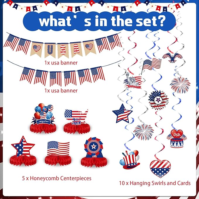 Blosssound 27 Pcs 4th of July Decorations Set Patriotic Party Decor American Flag Banner USA Hanging Swirls Independence Day Honeycomb Table Centerpieces for USA Office Home Memorial Day Supplies