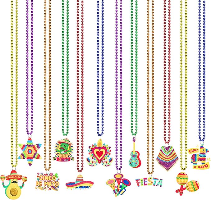 NOVWANG 24 Pcs Mexican Necklaces 12 Styles Cinco de Mayo Necklaces Multi Colors Fiesta Necklaces for Mexican Birthday Party Favors Supplies