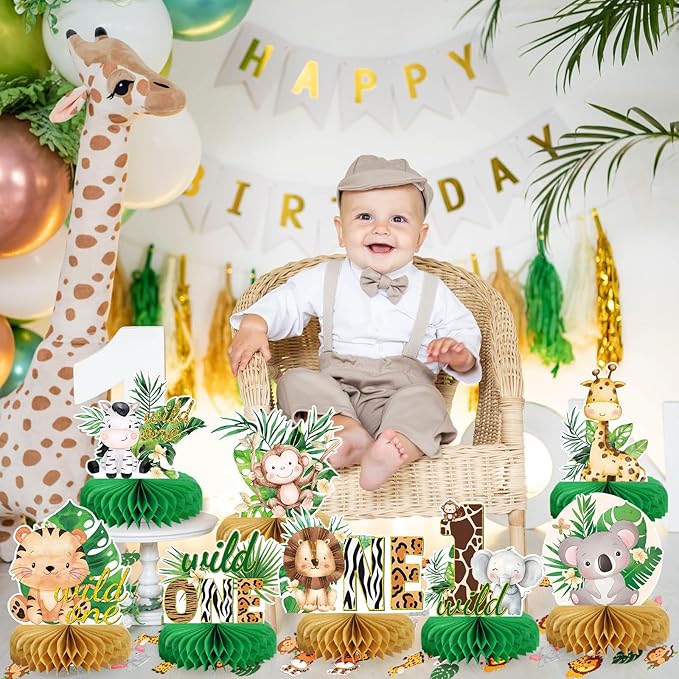 Wild One Birthday Decorations Jungle Baby Shower Honeycomb Centerpieces for Boys and Girls,8 Pcs Safari Centerpieces and Confetti Table Decorations, Safari Jungle Animals Party Decor