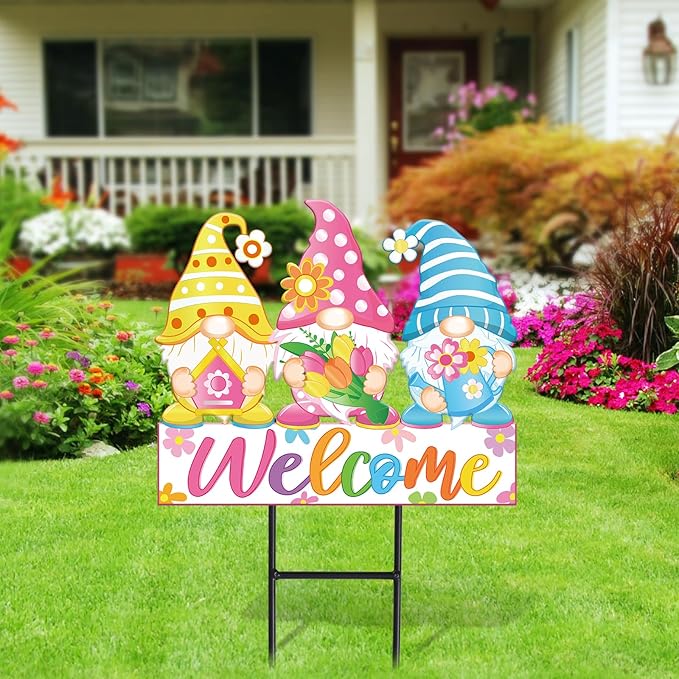 JarThenaAMCS Spring Metal Garden Stakes Colorful Flower Gnome Decorative Lawn Sign Welcome Yard Sign for Home Outside Lawn Porch Walkway Decor