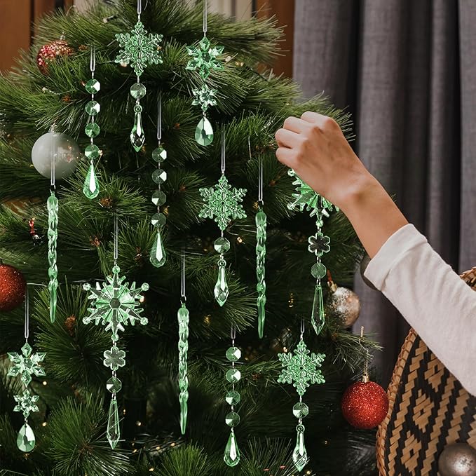 18pcs Crystal Christmas Ornaments for Christmas Tree Decorations-Green Hanging Acrylic Snowflake and Icicle Ornaments with Drop Pendants for New Year Party Decorations Supplies