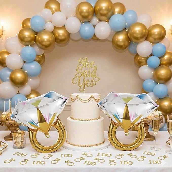 Engagement Party Decorations Set - 2 Giant Diamond Ring Balloons + Gold Confetti Table Scatter, Engagement & Wedding Party Supplies for Bridal Shower, Bachelorette, Anniversary Celebration