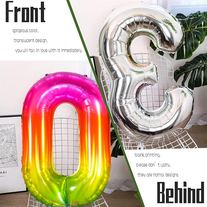 Number Balloon, 40 Inch Giant Number Balloons for Rainbow Birthday Decorations, Mylar Multicolor Big 0 Balloon Numbers, Large Jumbo Foil Colorful Number Ballons for Anniversary or New Year Party Décor