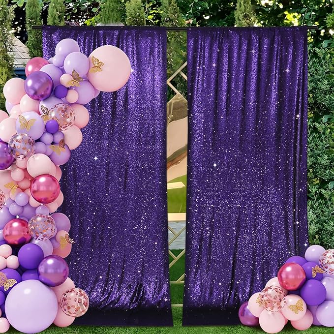 PartyDelight Purple Sequin Backdrop 5x10ft 2 Panels - High Density 3mm Shimmer Sequin Background with 4-Inch Rod Pocket, Sparkly Photography Curtain for Wedding, Stage & Event Decor