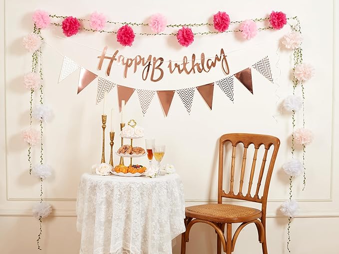 2 Pc White and Pink Hanging Flower Garland, 8.2 FT Pink Ombre Paper Flower Garland with Tissue Pom Pom Decorations, Pom Pom Garlands for Wedding Backdrop Bridal Shower Birthday Party