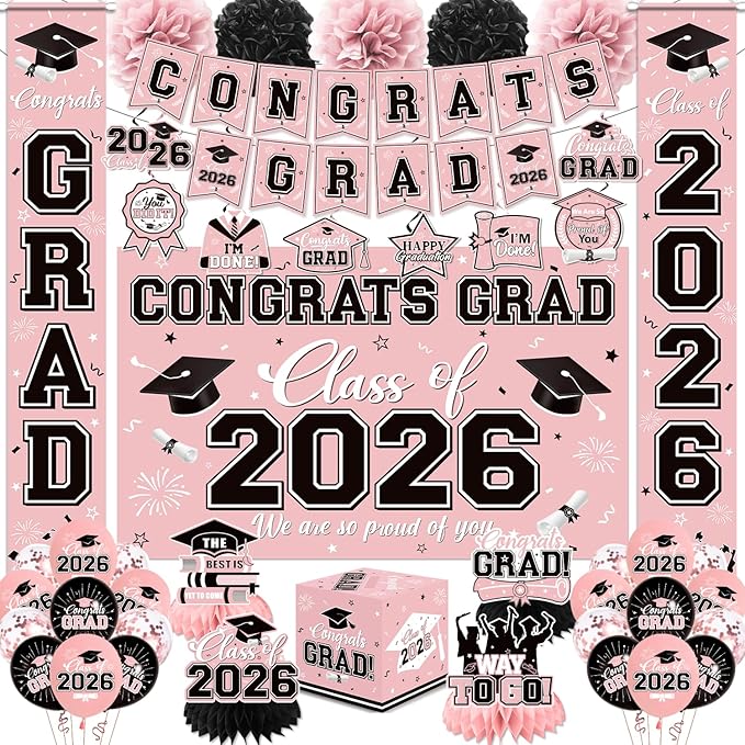 Graduation Decorations 2026 Pink Party Decor Set with Congrats Grad Banner, Class of 2026 Backdrop, Balloons, Box & Streamers Supplies for High School & College Celebrations