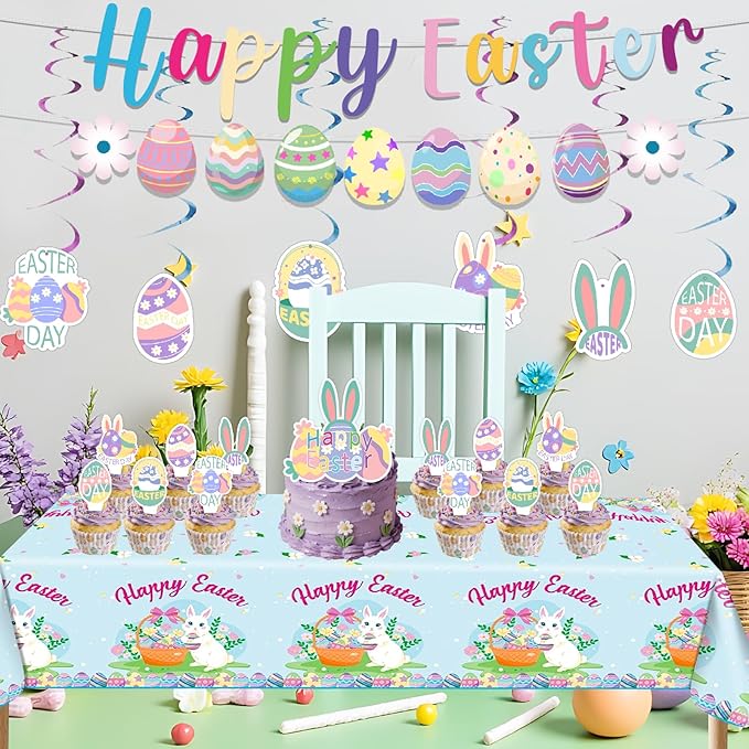 Easter Party Decorations 33PCS Kit – Bunny & Egg Banner, Cake & Cupcake Toppers, Hanging Swirls & Tablecloth for Family Spring Party