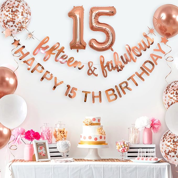 Fifteen & Fabulous Rose Gold 15th Birthday Banner, Garland, Foil Balloon, Decorations, Hanging, Cheers to 15 Years Old Party Supplies Backdrop