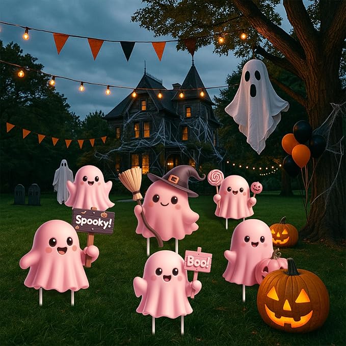 6 Pcs Halloween Ghost Yard Signs Lawn Outdoor Decorations 3D Ghost Yard Stakes for Halloween Home Front Yard Garden Party Supplies (Pink)