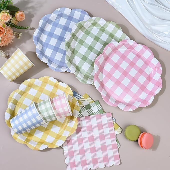 72 Pcs Gingham Party Supplies 9 Inch Easter Party Colorful Dessert Paper Plates and Napkins Disposable Scalloped Picnic Plaid Plates Napkins Cup Checkered Dinnerware Set for Easter Baby Shower Wedding