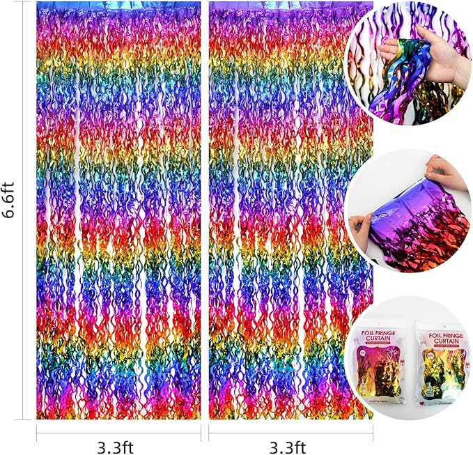 Shiny Rainbow Foil Fringe Curtain Wavy Rainbow Tinsel Streamer Backdrop for Party Decorations Birthday Wedding Graduation Baby Shower 2 Packs