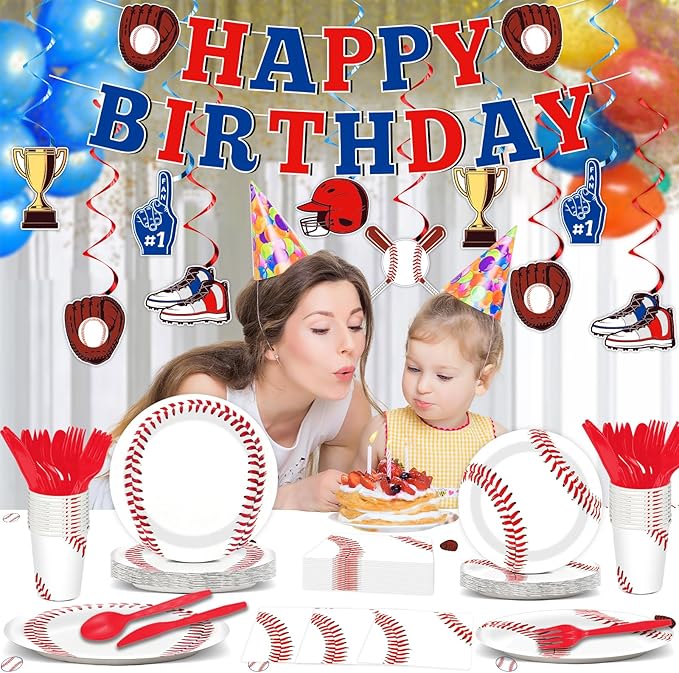 184 PCS Baseball Birthday Party Decorations Pack Baseball Party Supplies Tableware Set Including Happy Birthday Banner, Plates and Napkins, Knives, Forks, Cups, Swirls, Tablecloth for Baseball Party