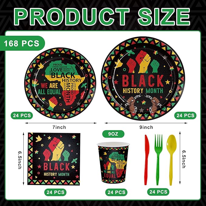 168pcs Black History Month Decorations Plates Napkins Disposable Paper Cups Tableware Set Black History Month Party Supplies for African American Festival Decor Serve 24 Guests