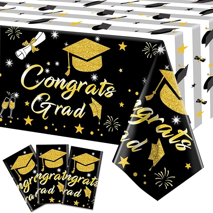 Graduation Tablecloth Party Decorations 2026, 3 Pack Thick Black and Gold 54"x108" Congrats Grad Disposable Table Covers Plastic Cloth Tablecover for College High School Class of 2026 Party Supplies