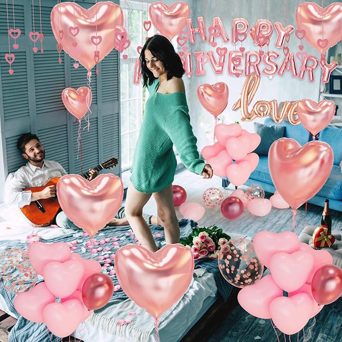 Anniversary Decorations, Happy Anniversary Balloons Banner, Pink Heart Balloons Heart Hanging String Pink Rose Petals for Wedding and Valentines Day Romantic