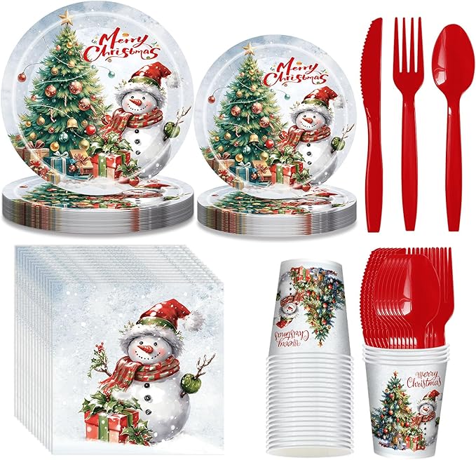 168 PCS Christmas Party Supplies Serve 24 Guests Merry Christmas Plates and Napkins Party Decorations Disposable Dinnerware Set Decor Snowman and tree