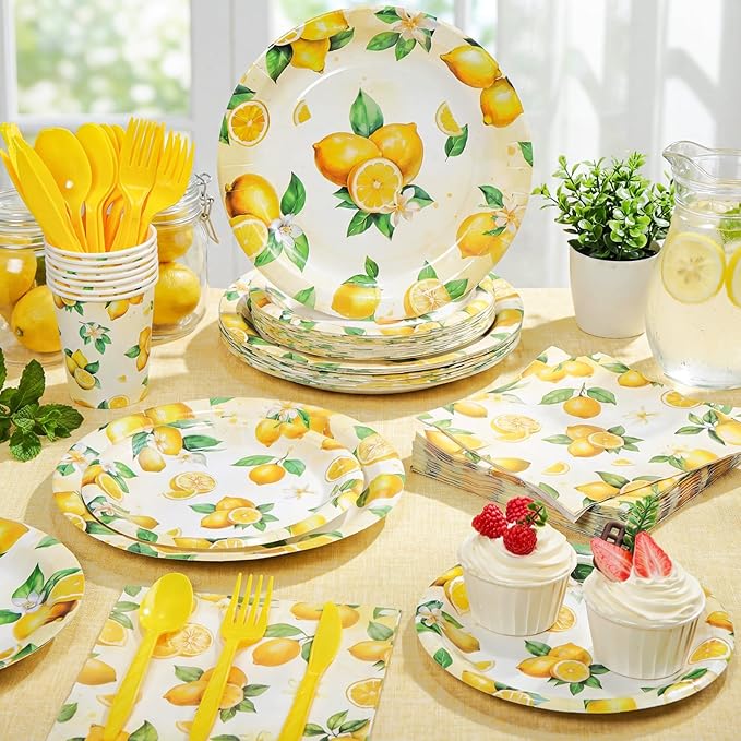 Honeydak 210 Pcs Lemon Party Decorations Summer Lemon Birthday Party Supplies Plates Napkins and Forks Tableware for Yellow Baby Shower Bridal Shower