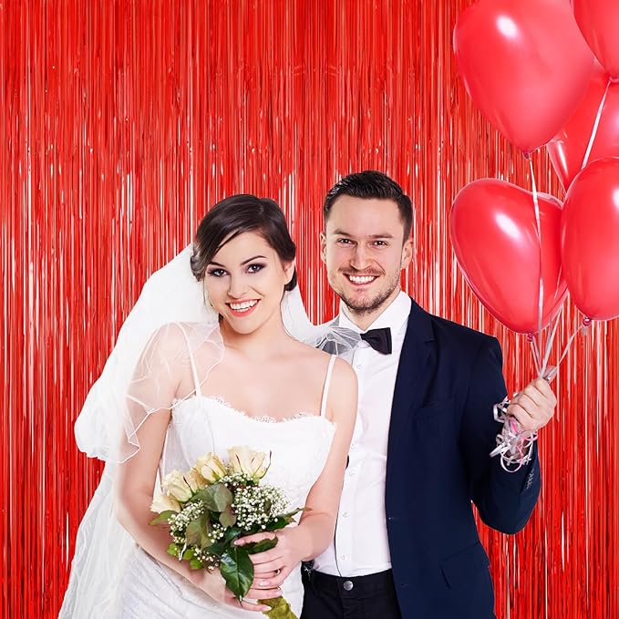 2 Pack Red Foil Fringe Curtains, 3.3ft x 6.6ft Streamer Foil Curtain, Tinsel Backdrop for Birthday Party, Christmas Decor, Wedding Engagement Baby Shower Valentines Day Decorations