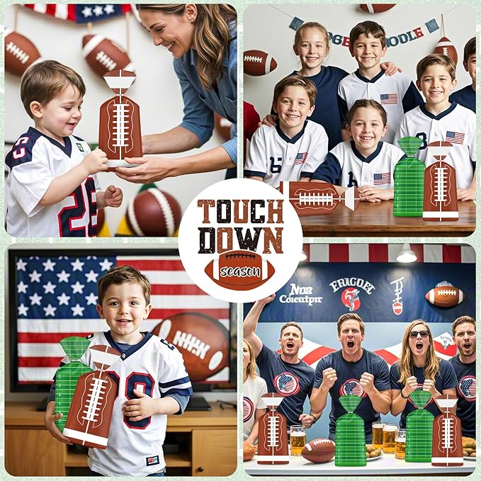 100 Pcs Football Goodie Bags - Brown Green Football Treat Bags, Plastic Rugby Sport Cellophane Snack Gift Candy Goody Bag with Silver Twist Ties for Sports Team Events Birthday Party Favors Supplies