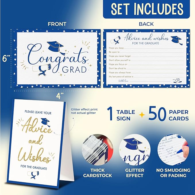 Graduation Advice Cards 2026-50 Pcs Well Wishes And Advice For The Graduate, Blue And Gold Graduation Decorations 2026, High School Grad Party Favors Supplies, College Grad Game Activities