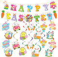 52 Pcs Easter Banner, Happy Easter Garland with Hanging Swirls, Cute Egg Bunny Sign Decorations for Office Home, Easter Party Supplies