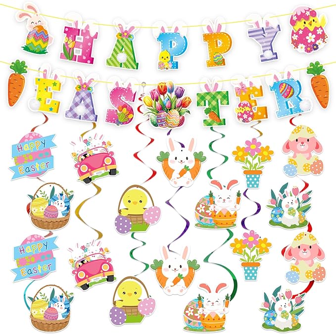 52 Pcs Easter Banner, Happy Easter Garland with Hanging Swirls, Cute Egg Bunny Sign Decorations for Office Home, Easter Party Supplies