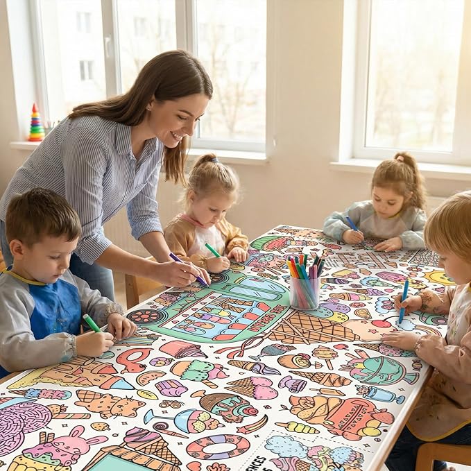 Ice Cream Giant Coloring Poster/Tablecloth, 30 x 72 Inch Summer Theme Craft for Kids Art Crafts Paper Banner Kids Games Activities,Coloring Tablecloth Crafts for Classroom Wall School Home Parties