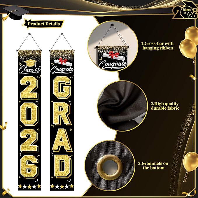 Graduation Decorations 2026 - Black and Gold Graduation Banner Class of 2026 Congrats Grad Party Supplies Decorations Door Banner 2026 for Graduation Decor