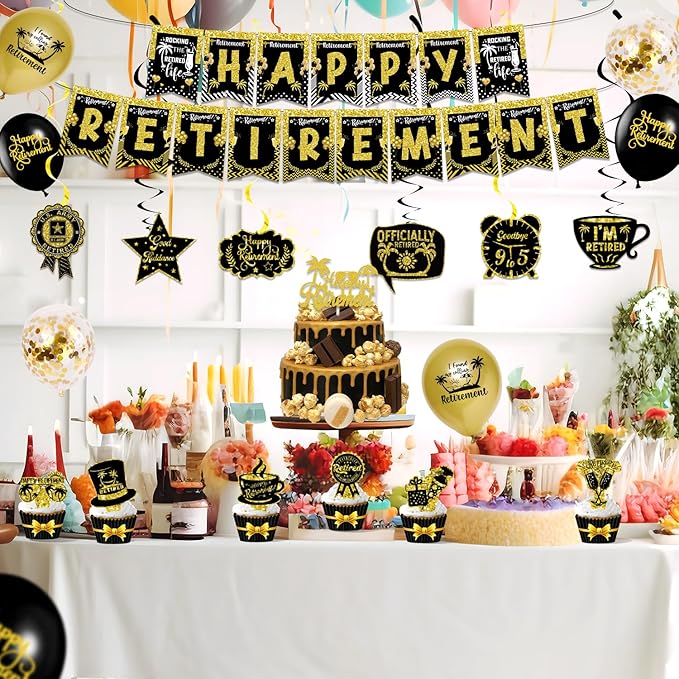 Retirement Party Decorations for Men Women, Black and Gold Happy Retirement Banners Balloons Cake Cupcake Toppers Hanging Swirls, Happy Retirement Party Supplies 42pcs