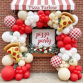 132PCS Pizza Party Balloon Arch Kit, Red White Sand White Latex & Gingham Checkered Foil Balloons with Pizza Foil Mylar for Italian Theme Birthday Baby Shower Christmas New Year Decorations