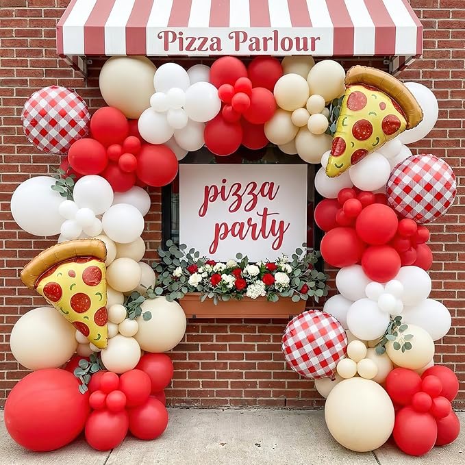 132PCS Pizza Party Balloon Arch Kit, Red White Sand White Latex & Gingham Checkered Foil Balloons with Pizza Foil Mylar for Italian Theme Birthday Baby Shower Christmas New Year Decorations